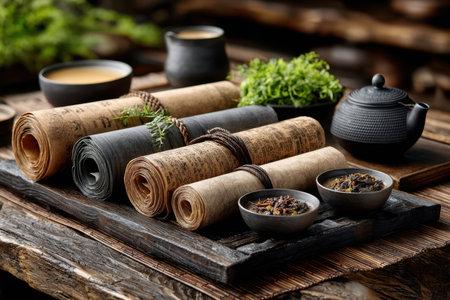 Various types of tea blend with ancient scrolls on a wooden table, creating a calm and inviting atmosphere.の素材