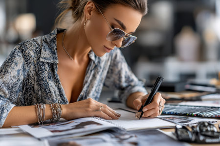 A stylish individual focuses on sketching designs at a well-organized desk filled with art supplies.の素材