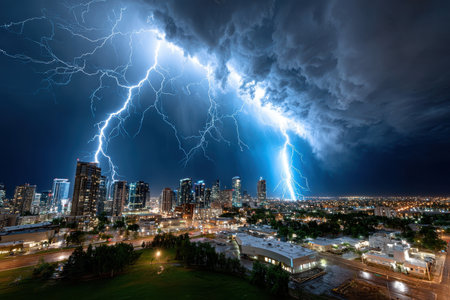 Lightning illuminates a city skyline at night during a powerful thunderstormの素材