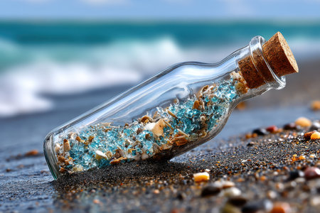 A glass bottle is filled with colorful sand and shells, resting on a beach as waves lap nearby.の素材