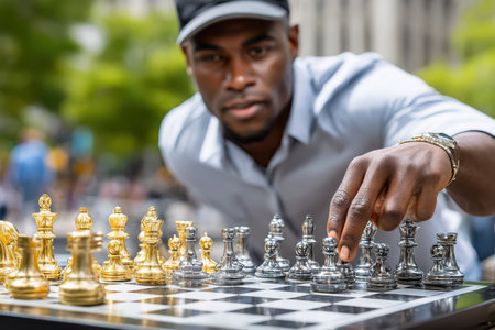 In a vibrant park setting, a player carefully makes a chess move during an outdoor game on a sunny afternoon.の素材