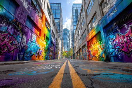 A vibrant alleyway filled with colorful graffiti and modern buildingsの素材
