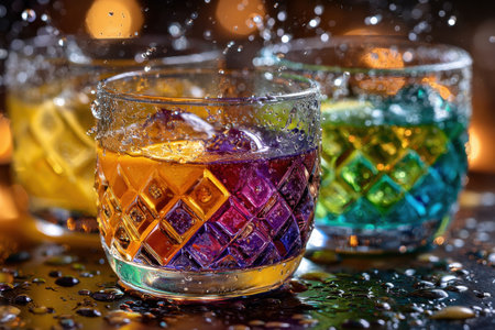 Three colorful crystal glasses with ice and splashes on a wet surfaceの素材