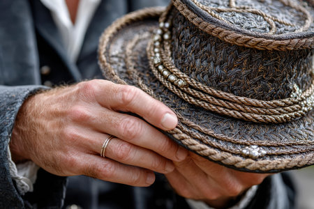 Hands gently cradle a handcrafted hat featuring meticulous designs and textures during a cultural gathering.の素材