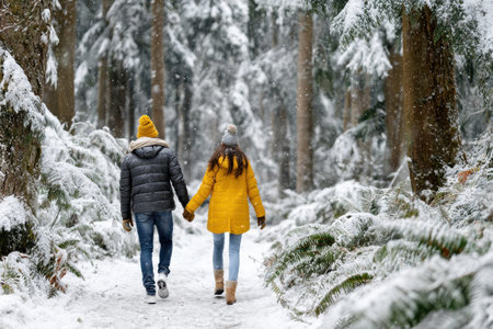 A couple strolls hand in hand through a snowy forest, enjoying the serene winter landscape and falling snowflakes.の素材