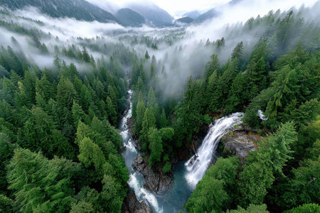 An aerial view of a misty waterfall cascading into a lush green forestの素材