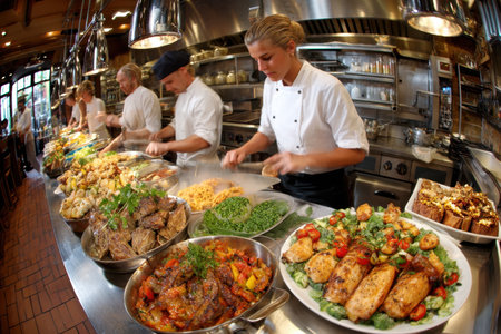 Chefs prepare various dishes in a busy restaurant kitchenの写真素材