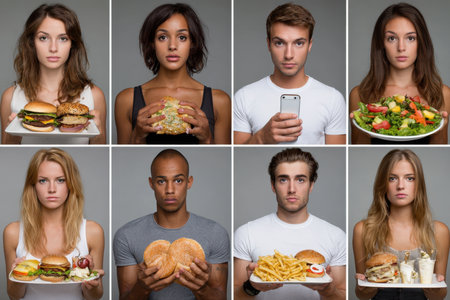 People in a studio showcase contrasting food preferences, from salads to burgers, highlighting diverse eating habits.の素材