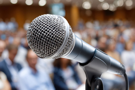 A close-up of a microphone positioned for a speaker at a public event attended by a large audience.の素材