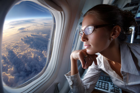 A woman in glasses leans on her hand, looking out of an airplane window, observing the sunset above the clouds.の素材