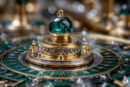 A close-up shows a detailed roulette wheel with emerald accents and gold features, showing expert craftsmanship.の素材