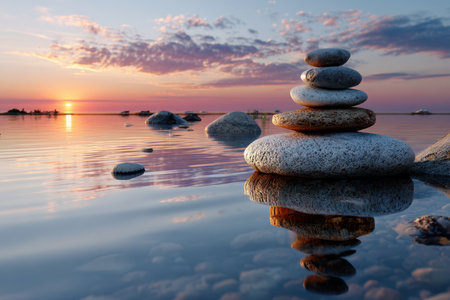 Balanced stones create a peaceful focal point against a vibrant sunset and tranquil water, enhancing nature's beauty.の素材