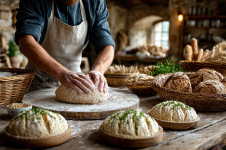 A skilled baker works the dough on a wooden table, surrounded by artisanal bread in a quaint kitchen.の素材