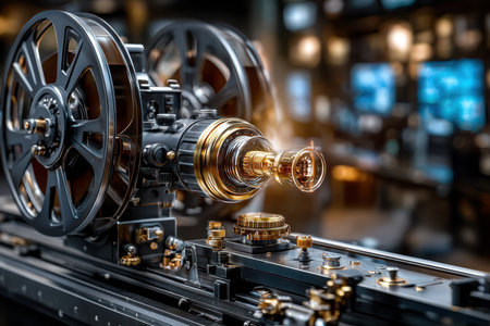 A close-up of a vintage film projector showing its intricate mechanics and gold accents in a dim studio.の素材