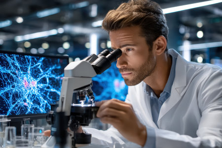 A researcher observes samples through a microscope in a contemporary laboratory filled with advanced technology.の素材