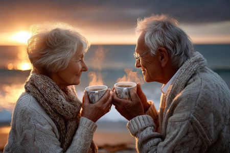 Two elderly individuals share a warm moment with steaming drinks as the sun sets over the ocean.の素材