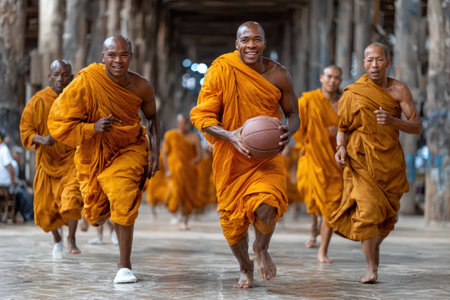 A group of monks in orange robes run excitedly through an old temple, playing basketball.の素材
