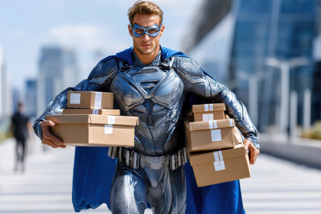 A superhero in a metallic suit carries multiple boxes while walking through an urban area during daylight.の素材
