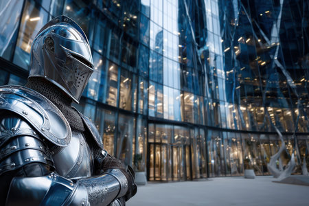 A knight clad in shiny armor poses confidently near a futuristic glass building on a bright day.の素材