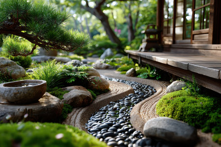 A tranquil Japanese garden with a stone path, lush plants, and a wooden porchの素材