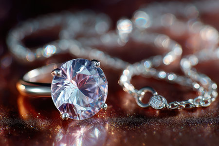 A diamond ring and silver chain rest on a sparkling surfaceの素材