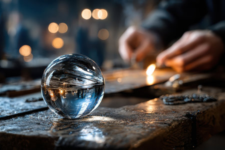 A glass sphere rests on a wooden table with a blurred backgroundの素材