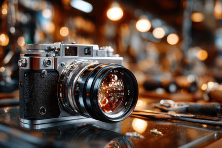 A vintage camera rests on a workbench with tools in a dimly lit repair shopの素材