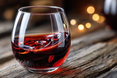 A close-up of a glass of red wine on a rustic wooden surface, under warm, soft light, shot with a DSLR camera, the wine is swirling on its ownの素材
