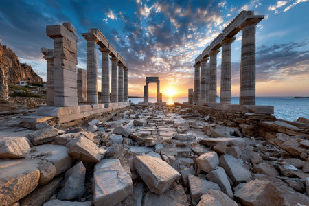 Ruins of an ancient Greek temple by the sea at sunsetの素材