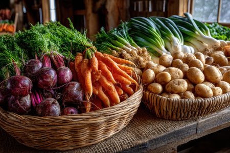Fresh root vegetables displayed in wicker baskets on a wooden tableの素材