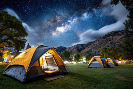 Tents glow under the Milky Way in a campground nestled in a mountain valleyの素材