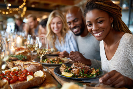 Friends share laughter and delicious food at a warm restaurant table filled with plates of hearty dishes.の素材