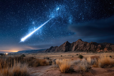 A meteor streaks across the starry night sky over a desert landscapeの素材