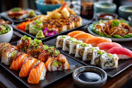 A variety of sushi rolls and other Japanese dishes arranged on platesの素材