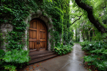 A wooden door in an ivy-covered stone wall along a wet pathの素材