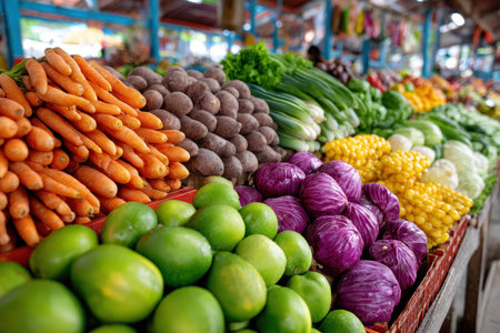 A vibrant display of fresh fruits and vegetables at a local market, under natural daylight, shot with a wide-angle lens, celebrating the bounty of natureの素材