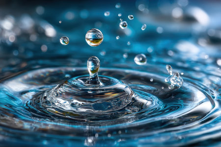 Water droplets splash into a pool of rippling blue waterの素材