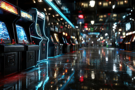 Row of arcade game machines along a wet city street at nightの素材