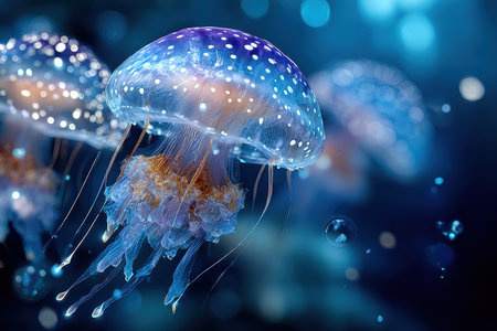 Jellyfish with white spots drifts through a dark blue oceanの素材