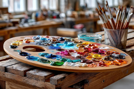 An artists palette with colorful oil paints and brushes sits on a wooden table in a studioの素材