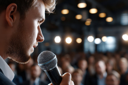 A young speaker presents passionately to an attentive audience in a modern conference setting.の素材