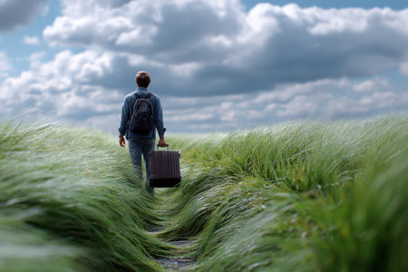 A traveler strides along a narrow path surrounded by lush grass under a beautiful cloudy sky.の素材