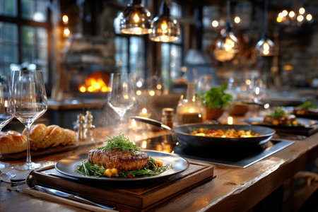 Delicious meat dish garnished with herbs on a rustic wooden table in an inviting, warm-lit restaurant.の素材