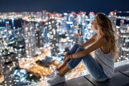 A young woman sits on a rooftop edge, looking at a vibrant city illuminated at night, reflecting on life.の素材