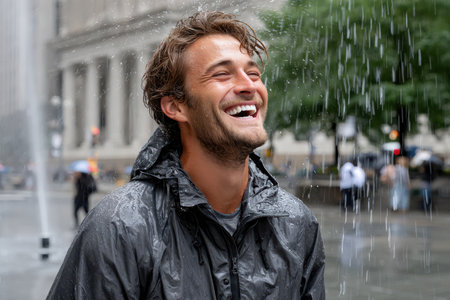 A joyful man stands in the rain on a city street, fully enjoying the moment with a big smile on his face.の素材
