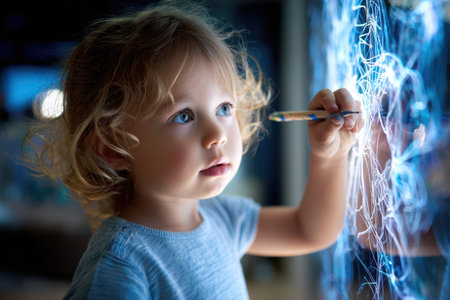 Child with curly hair uses a colored pencil to draw on a brightly lit surface, showing imagination.の素材
