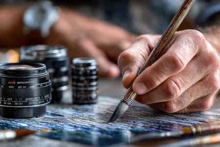 A hand delicately paints on paper while surrounded by various camera lenses and brushes at a creative workspace.の素材