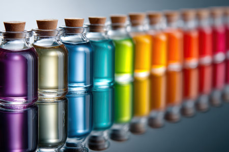 Glass bottles containing various colorful liquids are neatly arranged in a straight line, reflecting light.の素材