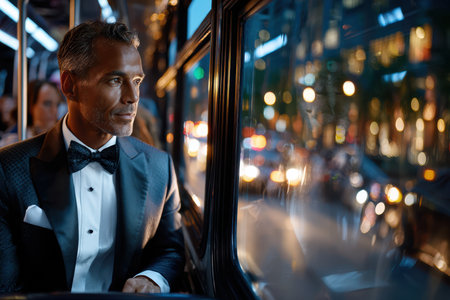 A man in a tuxedo gazes out the window of a bus, observing bustling city lights at night.の素材