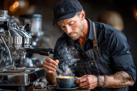 Barista expertly creates latte art while steaming milk in a vibrant cafeの素材